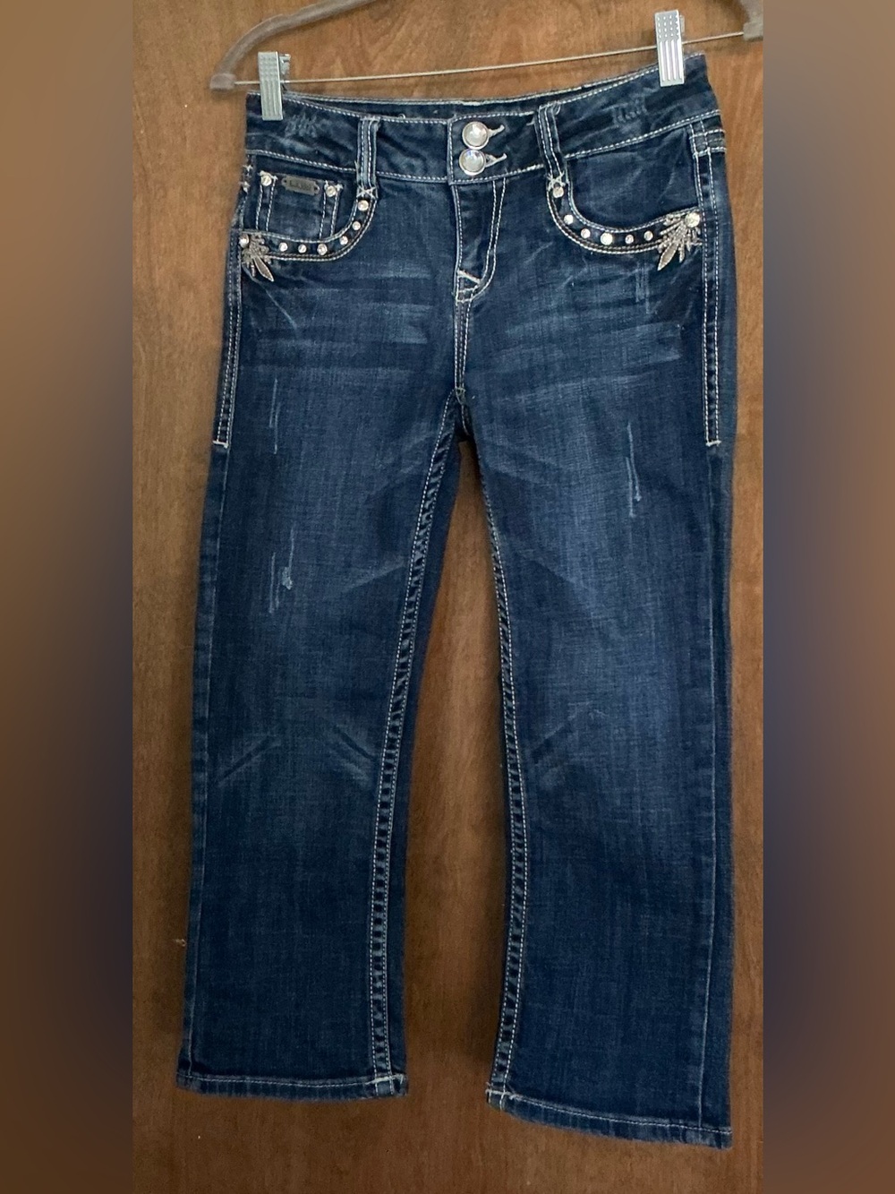 LA Idol USA Bling Capri Cropped Jeans Heavy Thick Stitch Rhinestone Pockets Sz 5